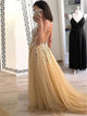 A Line Golden V Neck Tulle Sequins Floor Length Prom Dresses