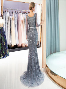 Grey Rhinestone Tulle Mermaid Prom Dresses with Sweep Train