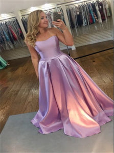 Sweetheart A Line Satin Pink Pleats Prom Dresses