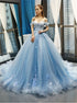 Blue Ball Gown Tulle Appliques Off The Shoulder Backless Prom Dresses LBQ1807