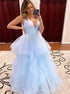 A Line V Neck Tulle Prom Dresses with Ruffles LBQ2492
