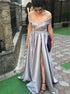 A Line Silver Off The Shoulder Prom Dress with Slit LBQ3030