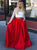 Two Piece Cold Shoulder Long Sleeves Red Satin Prom Dresses