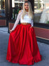 Two Piece Cold Shoulder Long Sleeves Red Satin Prom Dress with Lace LBQ2528