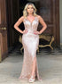 Sparkling Straps V Neck Sequin Slit Mermaid Open Back Prom Dresses LBQ2608
