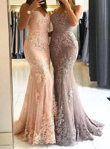 Sweetheart Mermaid Tulle Lace Open Back Pink Prom Dresses