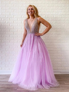 A Line Lilac Deep V Neck Beads Tulle Open Back Prom Dresses 