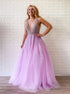 A Line Lilac Deep V Neck Beads Tulle Open Back Prom Dresses LBQ2251