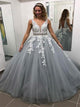 A Line V Neck Sweep Train With Appliques Tulle Open Back Prom Dresses