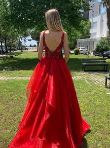 Sweep Train Red Open Back Evening Dresses