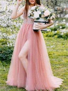 A line V Neck Tulle Beads Sequins Lace Up Pink Prom Dresses LBQ2922