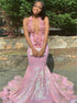 Mermaid Halter Applique Sequins Backless Satin Ruffles Prom Dresses LBQ2231