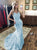 Spaghetti Straps Mermaid Blue Appliques Tulle Prom Dresses