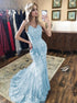 Spaghetti Straps Mermaid Blue Appliques Tulle Prom Dresses LBQ2180