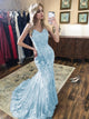 Spaghetti Straps Mermaid Blue Appliques Tulle Prom Dresses