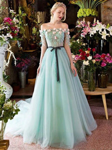 A Line Off the Shoulder Tulle Lace Up Sweep Train Prom Dresses 