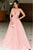 A Line Deep V Neck Sweep Train Pink Chiffon Prom Dress with Beadings