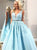 Sweep Train Blue Open Back Prom Dresses