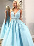 A Line Blue V Neck Tulle Sweep Train Prom Dresses With Appliques LBQ1830