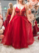 Lace Up A Line Beaded Red Tulle Prom Dresses 