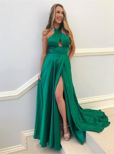 A Line Halter Green Prom Dress with Sweep Train 