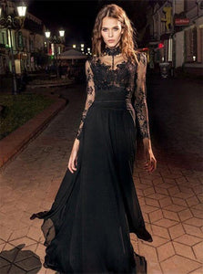 A Line Scoop Long Sleeves Black Appliques Tulle Prom Dresses