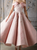 Off the Shoulder Blush Pink Lace Appliques Ankle Length Prom Dresses