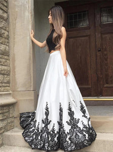 A Line Two Piece Appliques Satin Open Back Prom Dresses
