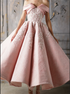 Off the Shoulder Blush Pink Lace Appliques Ankle Length Prom Dress LBQ1458