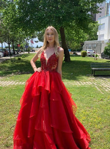 Red A Line V Neck Sleeveless Appliques Tulle Prom Dresses