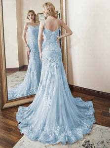 Sweep Train Blue Evening Dresses