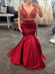 Mermaid V Neck Satin Beading Prom Dresses