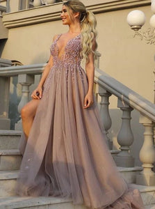 Straps  A Line Tulle With Beading And Slit Prom Dresses 