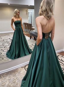 A Line Strapless Green Satin Lace Up Prom Dresses