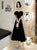 A Line Black Velvet Puffy Sleeves Prom Dresses