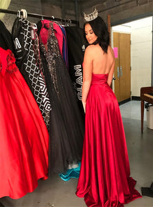 A Line Satin Sleeveless Red Prom Dresses
