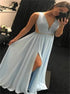 A Line V Neck Floor Length Chiffon Prom Dresses with Slit LBQ1764