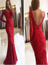 Red Lace Mermaid V Neck Long Sleeves Open Back Prom Dress LBQ2056