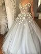 Floral Ball Gown V Neck Appliques Tulle Prom Dresses