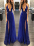 A Line Deep V Neck Tulle Prom Dresses with Slit LBQ2160
