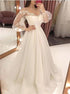 Ball Gown Off the Shoulder Long Sleeves Ivory Tulle Appliques Prom Dresses LBQ1840