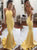 Yellow Halter Mermaid Backless Satin Pleats Prom Dresses