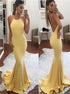 Yellow Halter Mermaid Backless Satin Pleats Prom Dresses LBQ1725