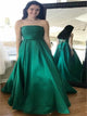 A Line Strapless Lace Up Satin Green Prom Dresses