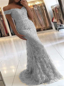 Off the Shoulder Silver Tulle Appliques Mermaid Lace Prom Dresses