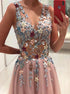 A Line V Neck Appliques Pink Tulle Prom Dresses LBQ2962