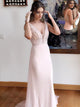 V Neck Chiffon Sheath Pearl Pink Sleeveless Prom Dresses with Beadings