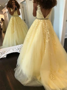 A Line Yellow Tulle V Neck Open Back Prom Dresses 