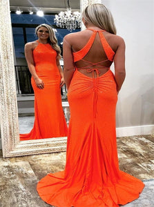 Mermaid High Neck Orange Satin Criss Cross Prom Dress