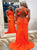 Mermaid High Neck Orange Satin Criss Cross Prom Dress